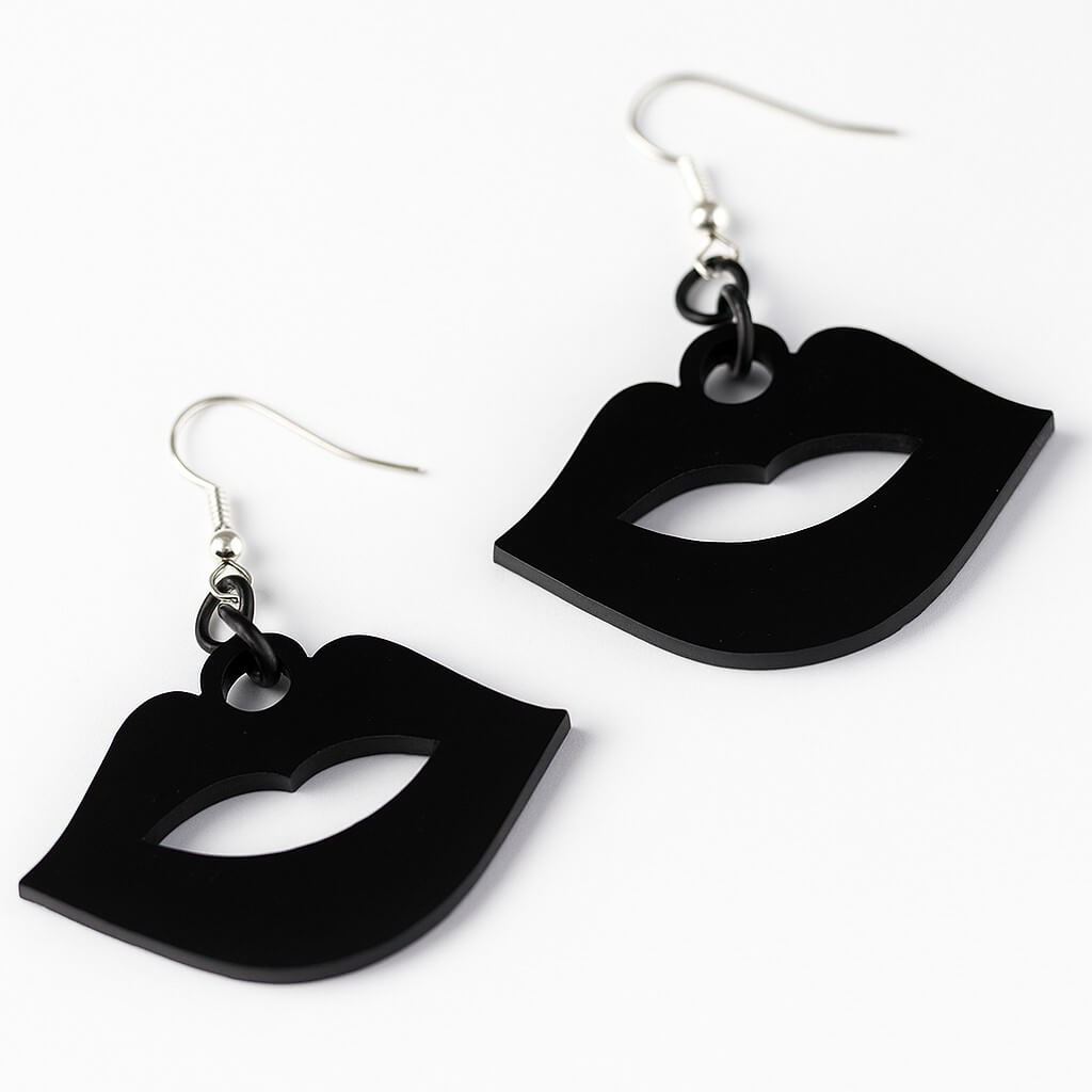 Black lip-shaped acrylic dangle earrings