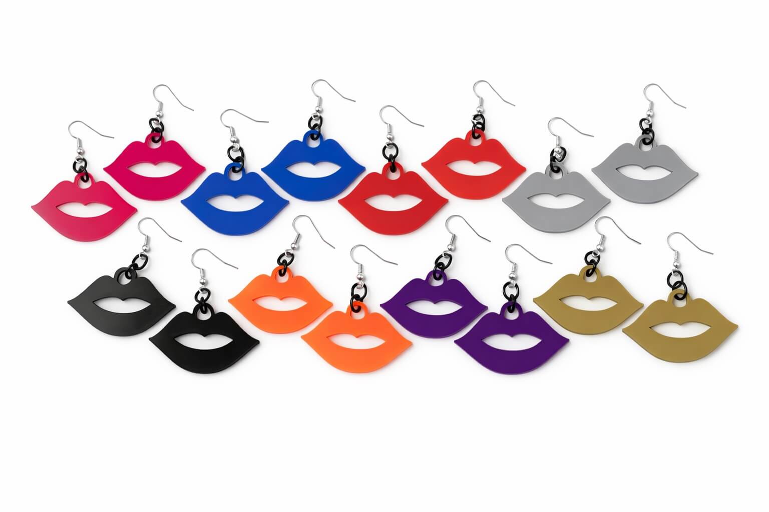 Collection of colorful lip-shaped earrings in various shades