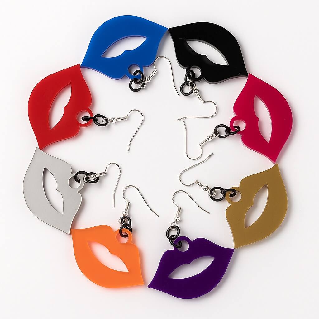Set of colourful acrylic earrings in lip shape on white background